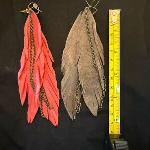 Leather Feather Earrings - Vibrant Red and Earthy Brown
